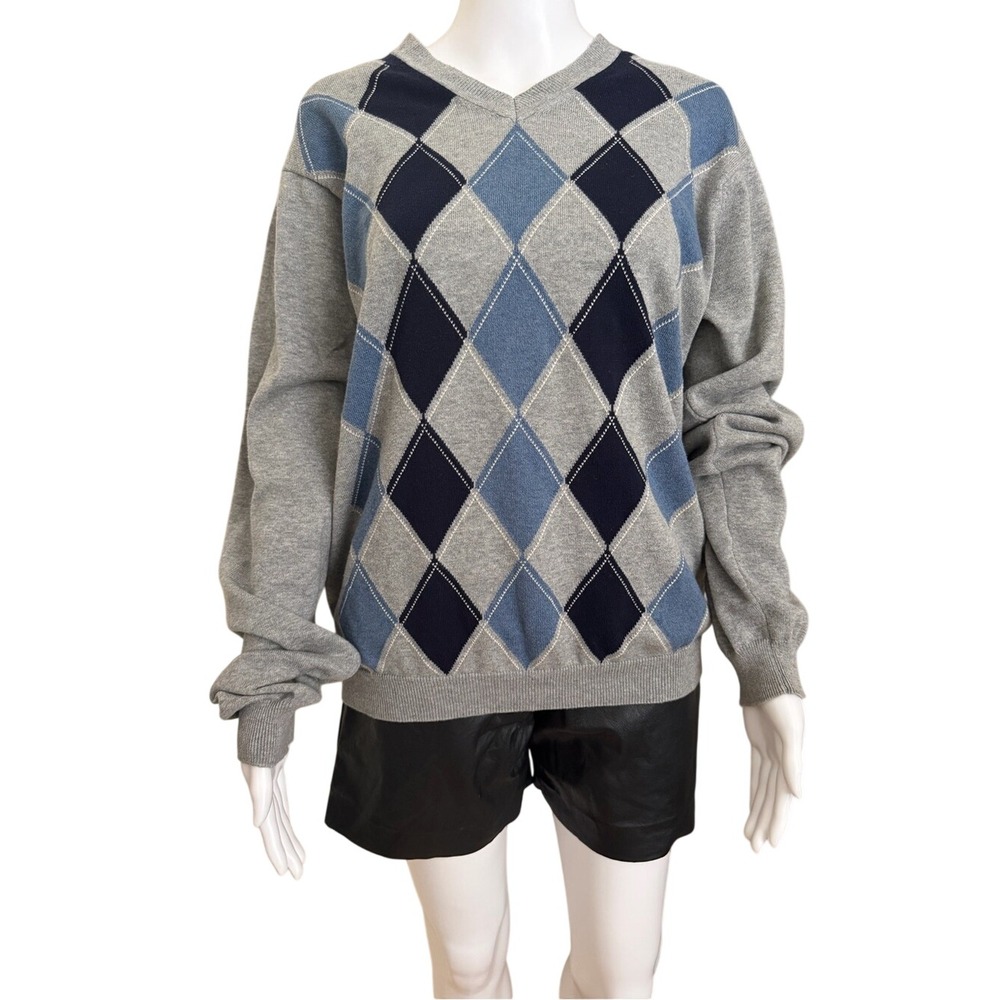 Van Heusen Gray Blue Argyle V-Neck Sweater Size Medium